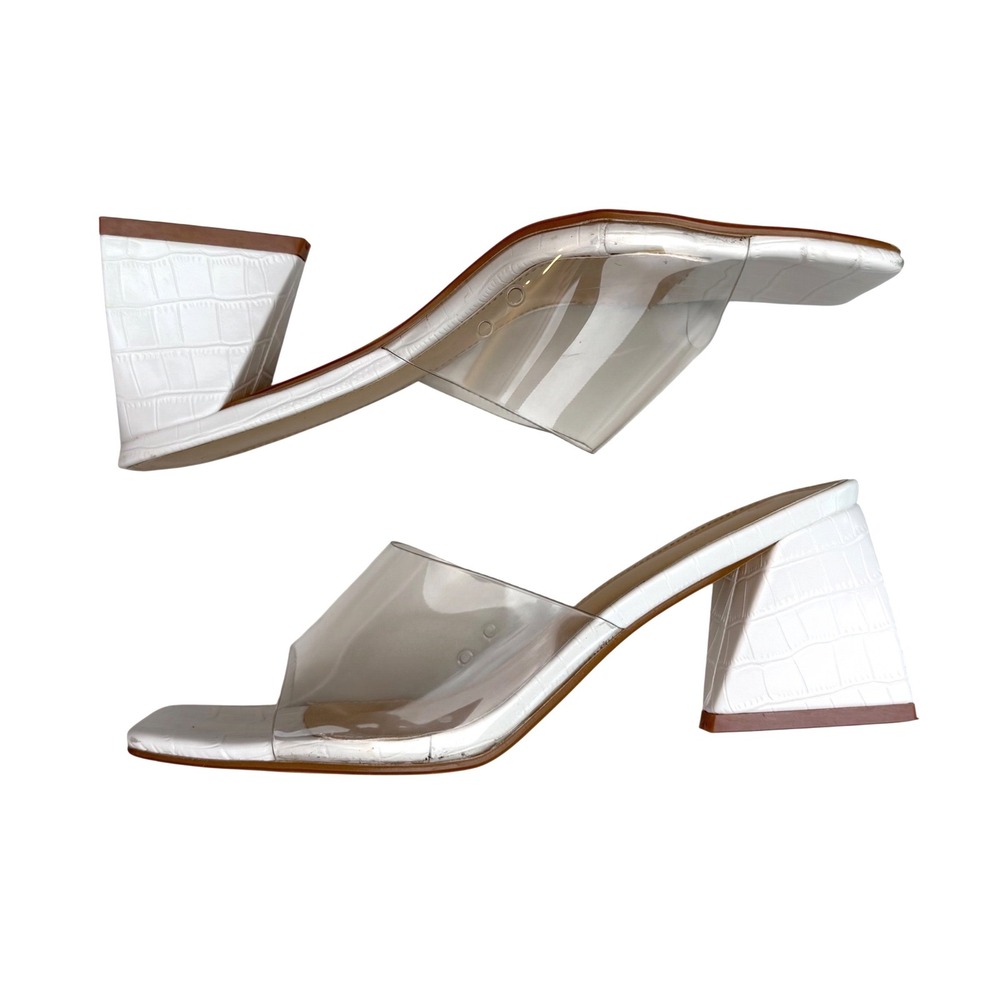 Y2K Style White Croc Embossed Block Heel Mules Clear Strap Square Toe Modern 10